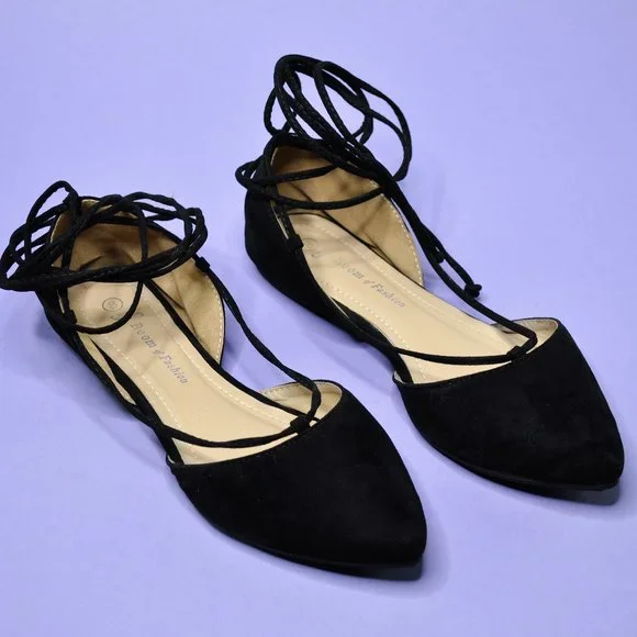 Black Suede Ballerina Flats - Long Ties! - Picture 1 of 7